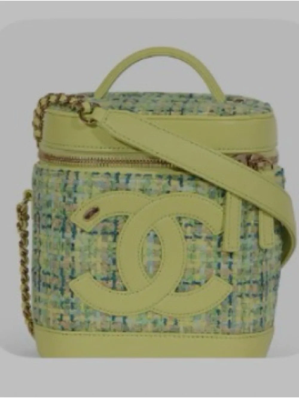CHANEL Yellow-Green Tweed Mania top handle Vanity Crossbody case bag